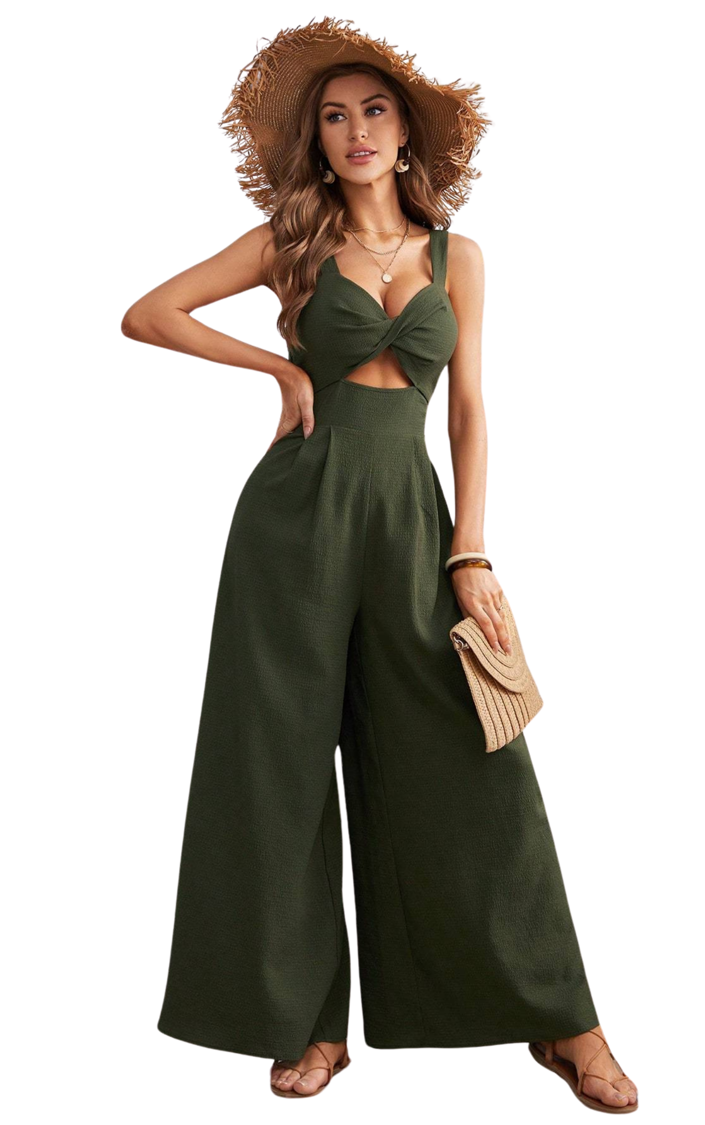 Olive Oasis - One Piece Cut-Out Jumpsuit With Wide Pants