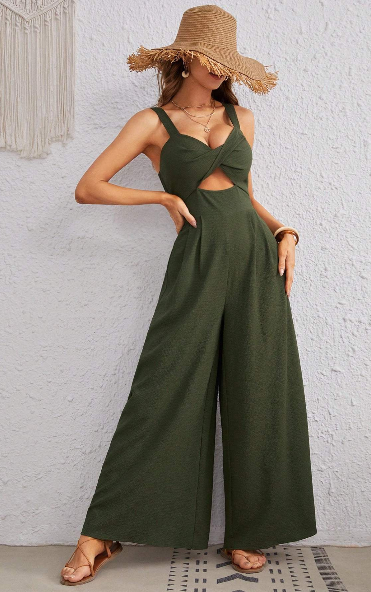 Olive Oasis - One Piece Cut-Out Jumpsuit With Wide Pants